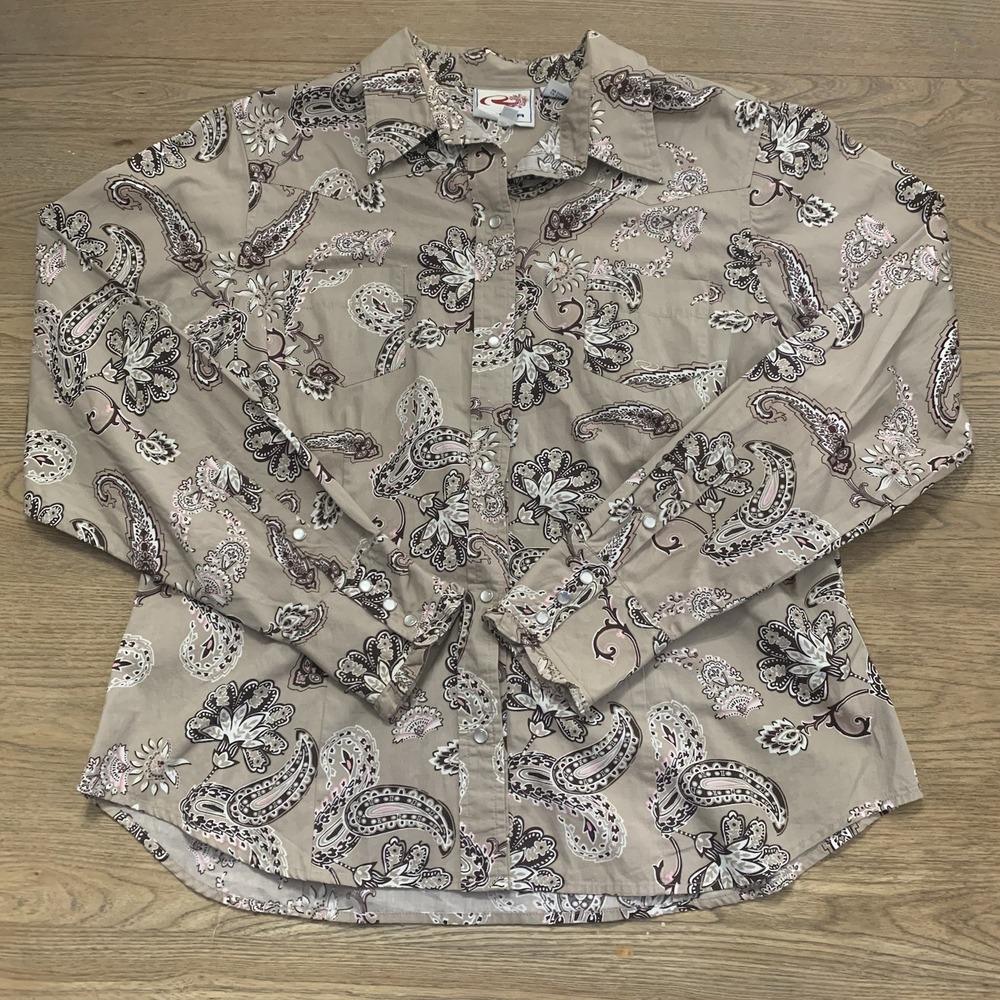 Roper Taupe Paisley Snap-Front Western Shirt with Pink & White Details - Picture 2 of 7